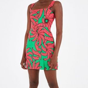 Farm Rio Banana Pitta linen mini dress , green and pink worn 2 times
